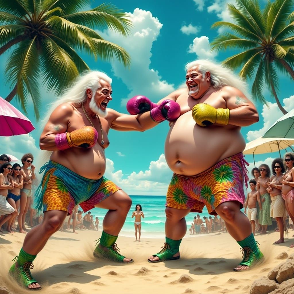 Elderly Fantasy Boxers on Sunny Beach in Digital Art Style