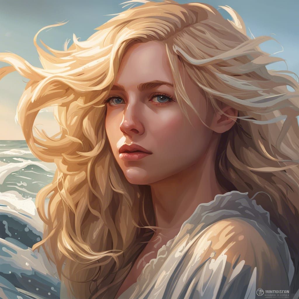 Blonde Teenager Portrait in Waves, Hyperdetailed Digital Art