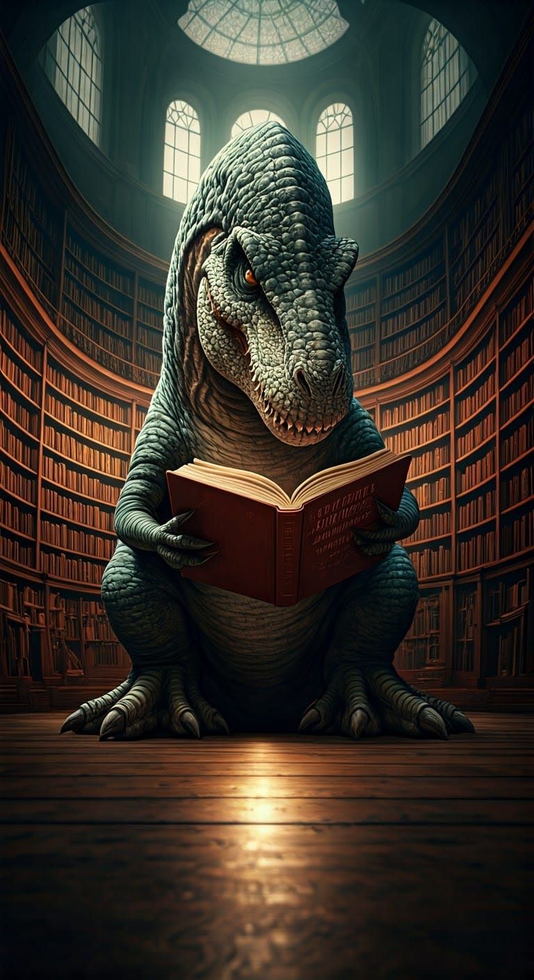 Giant Dinosaur Surrounded by Ancient Tomes in a Mysterious L...