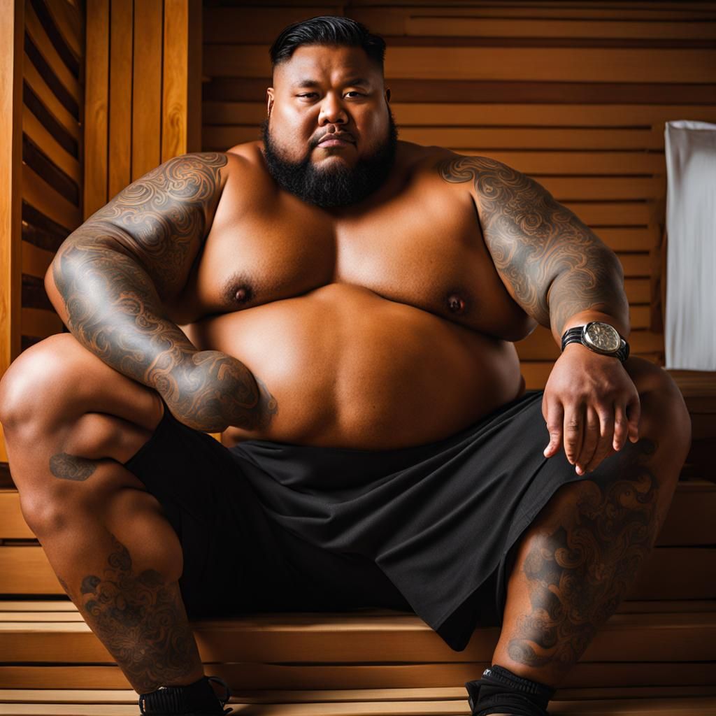 Sweaty Tattooed Man in Sauna