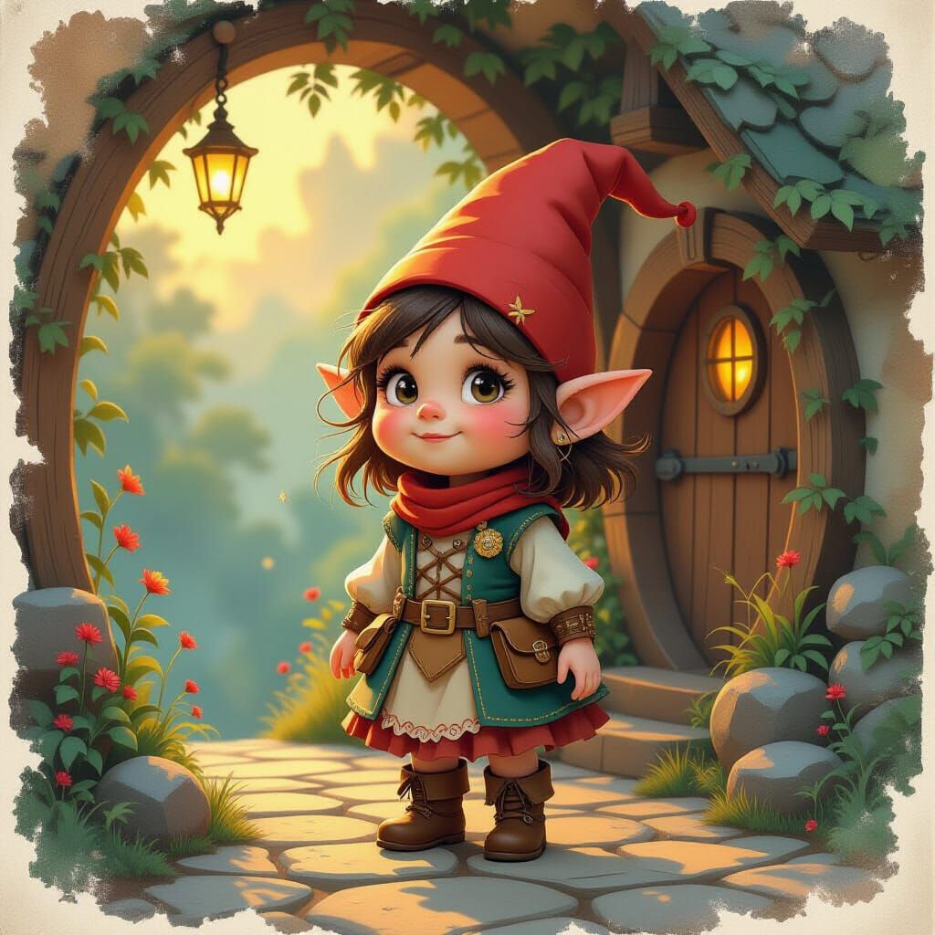 Whimsical Dwarf Girl in Surreal Fantasy World