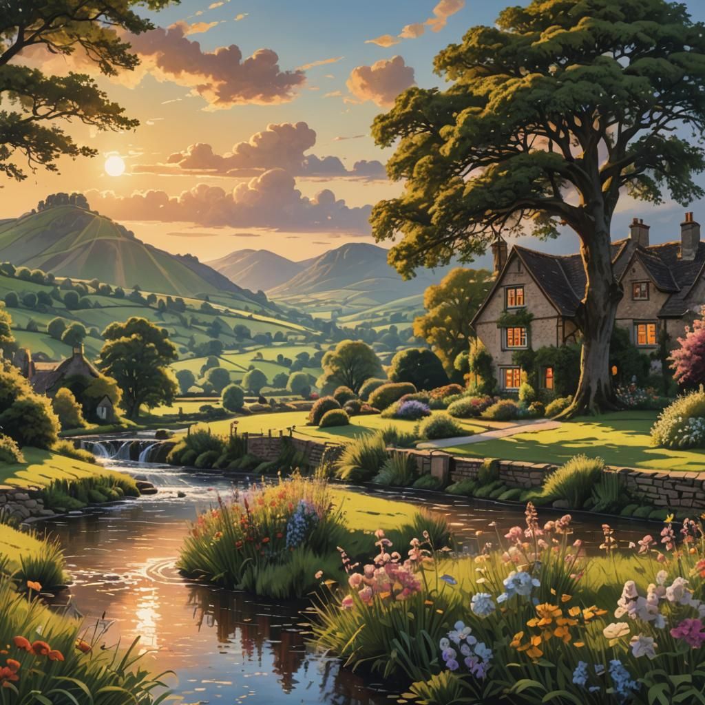 Cotswold Cottages and Meadows at Sunset