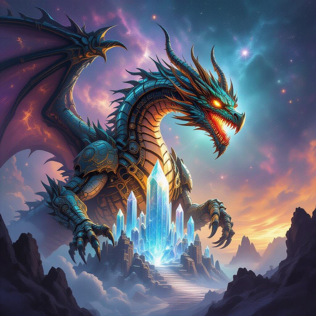 Bio-Mechanical Dragon Guards Crystal Fortress in Nebula
