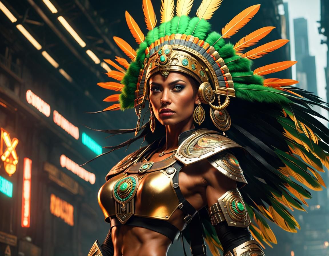 Cyberpunk Aztec Warrior Woman with Flaming Sword