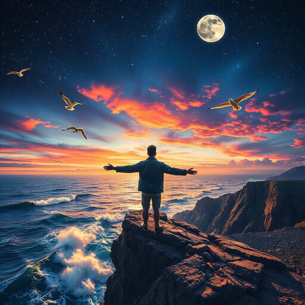 Man Dreams of Flight on Cliff Under Starry Sunset Sky