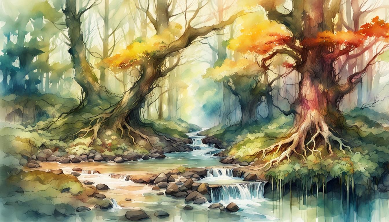 Lush Forest: Digital Watercolor Illustration Under Spring Su...