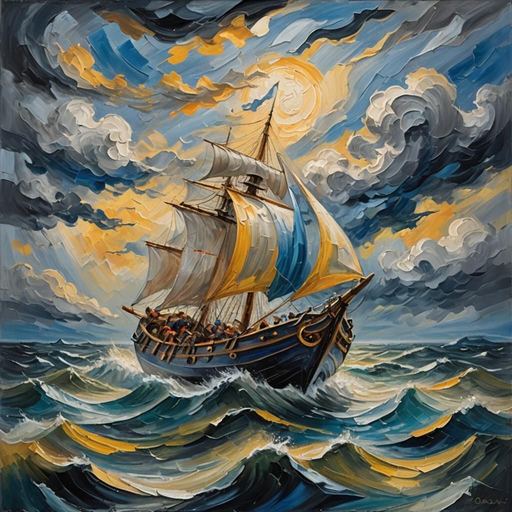 Viking Ship Amidst Storm: Expressionist Oil Painting