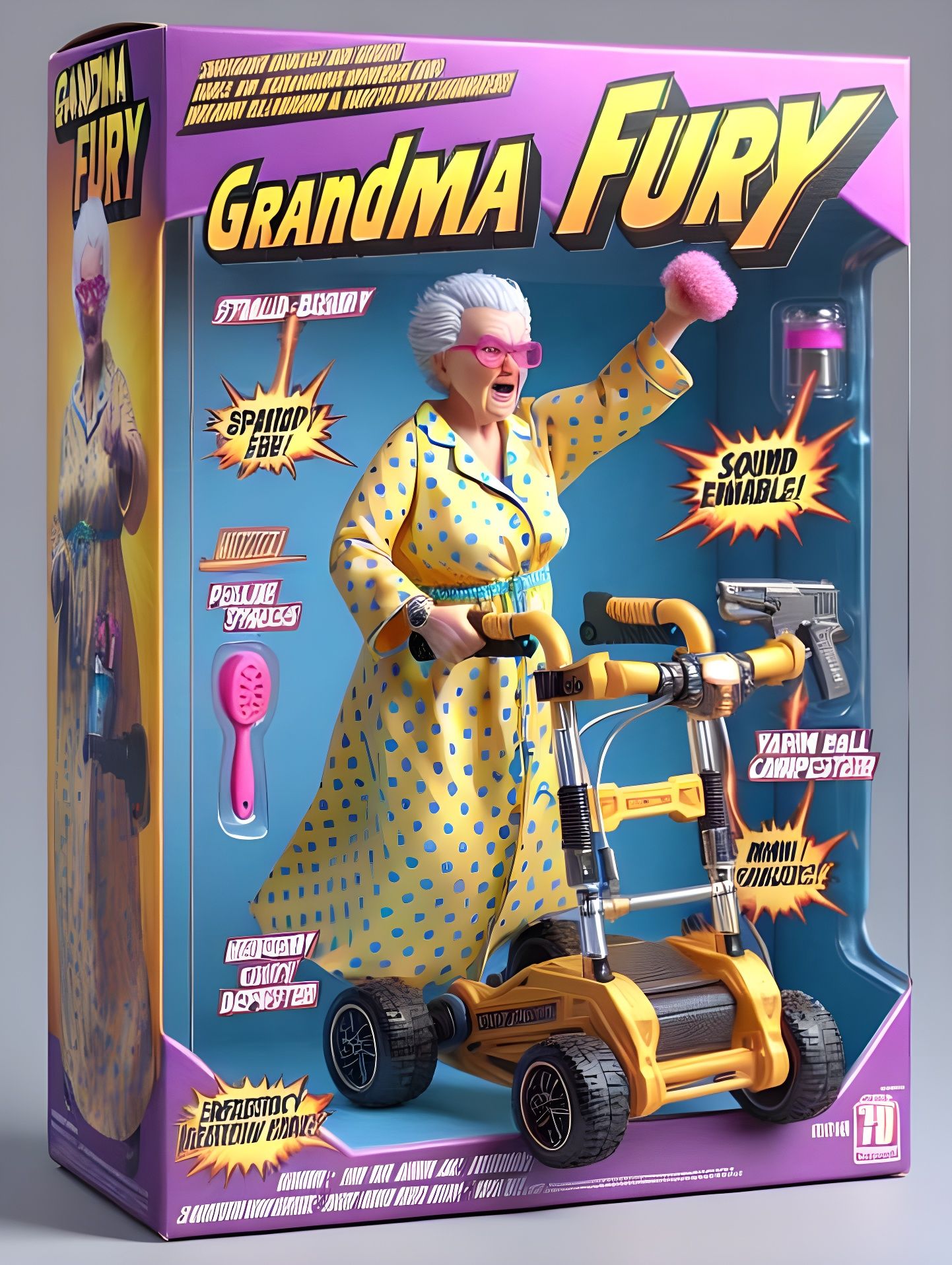 Comedic Action Hero Grandma in Dynamic Packaging