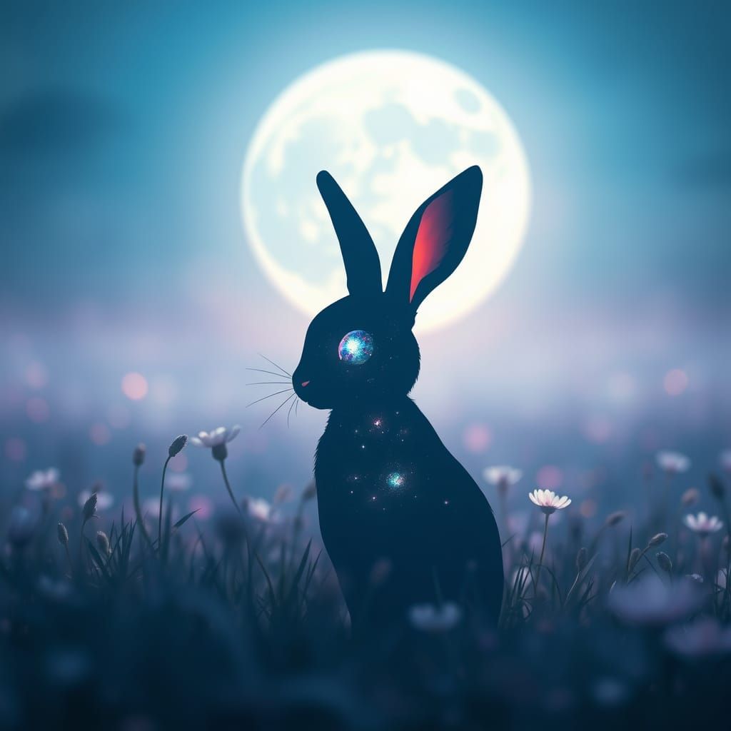 Ethereal Rabbit Silhouette Under Full Moon