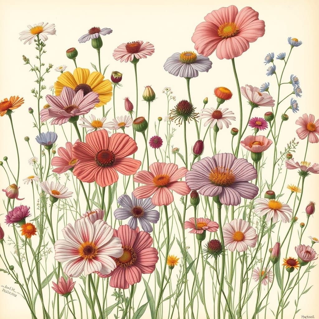 Vintage Botanical Illustration of Vibrant Wildflowers