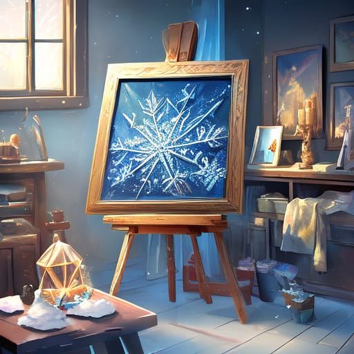 Artist's Studio with Crystal Snowflake Paintings