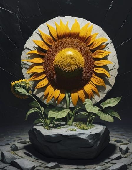 Surreal Giant Sunflower Statue Holding Figure
