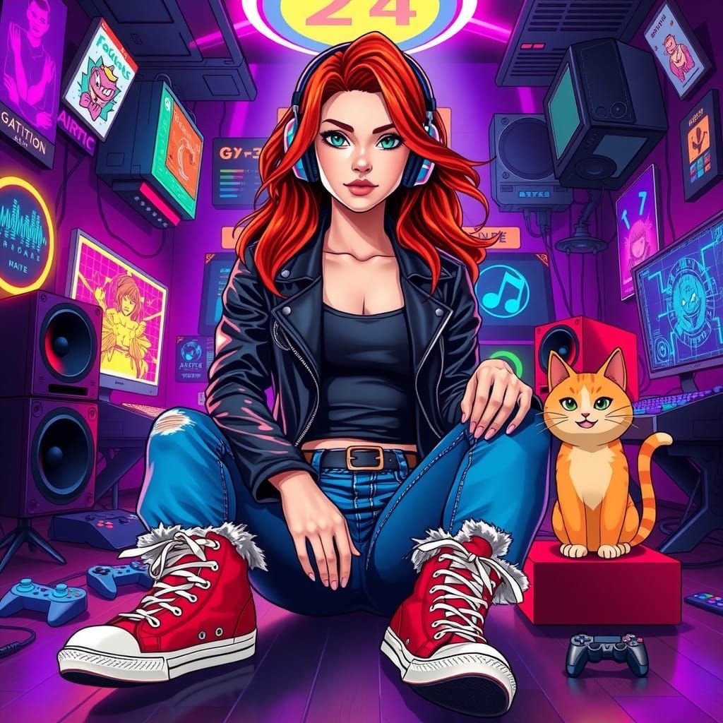 Gaming Goddess in Retro-Futuristic Lair