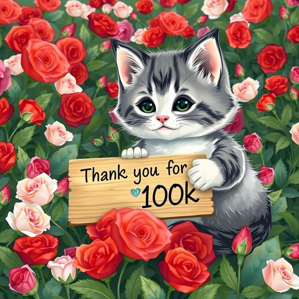 Whimsical Kitten Surrounded by Roses in a Delicate Watercolo...