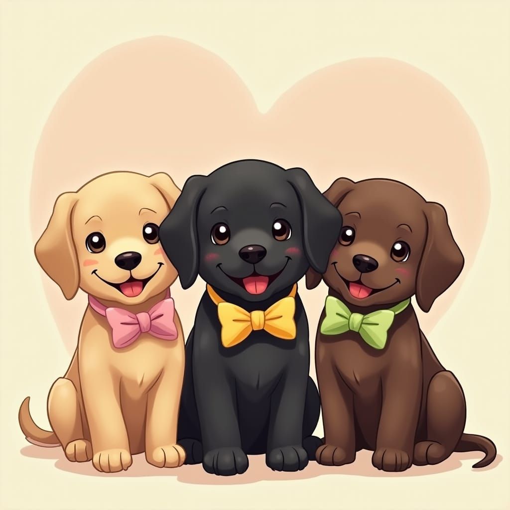 Three Labrador Puppies in Bow Ties Pose Together in Colorful...