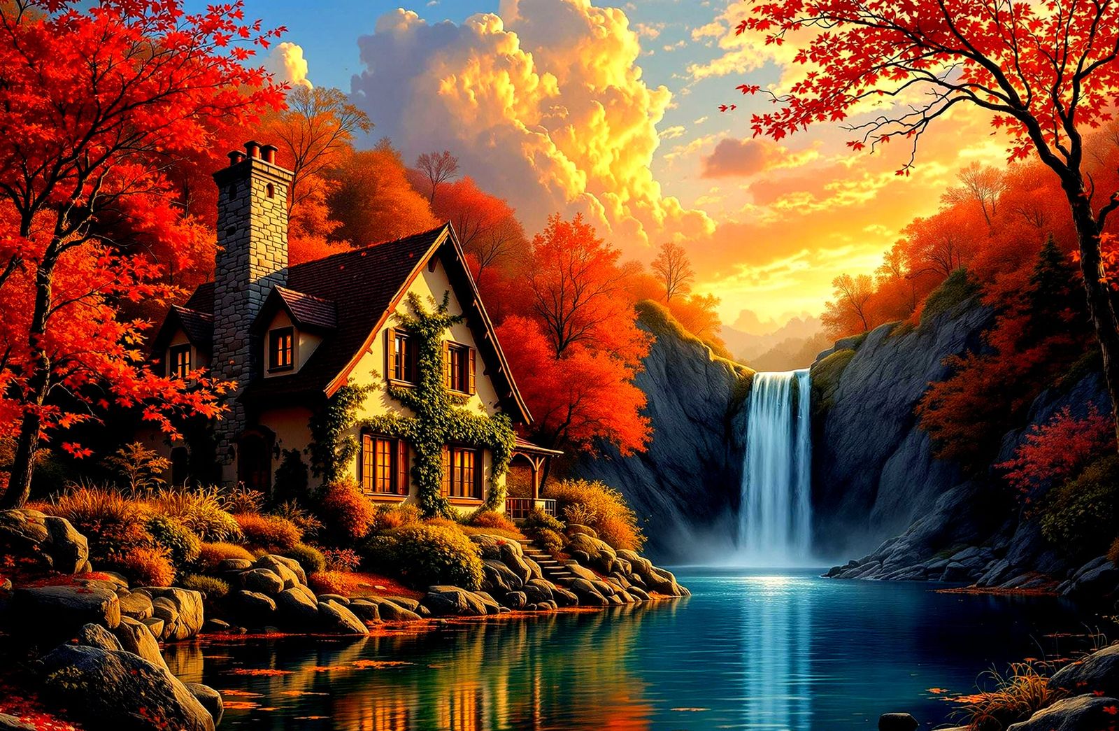 Surreal Autumn Cottage Scene in Photorealistic Detail