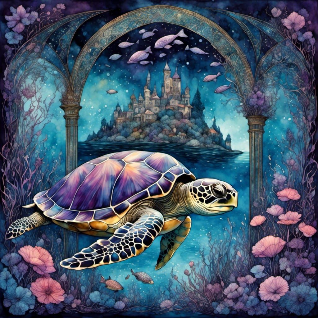 Electroluminescent Sea Turtle in Underwater Fairytale Scene