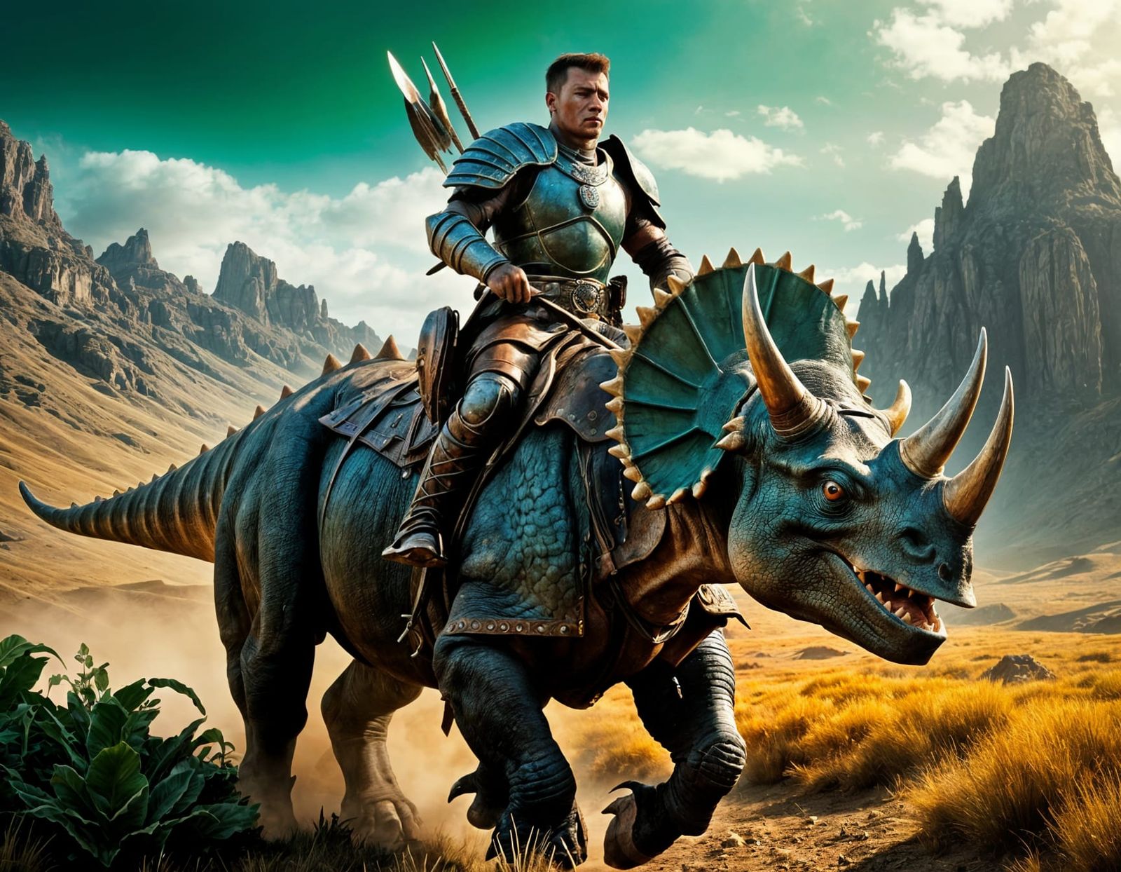 Epic Prehistoric Warrior Rides Majestic Triceratops in a Bri...