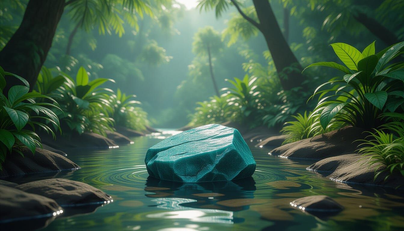 Amazonite on Riverbed in Lush Rainforest Matte Painting