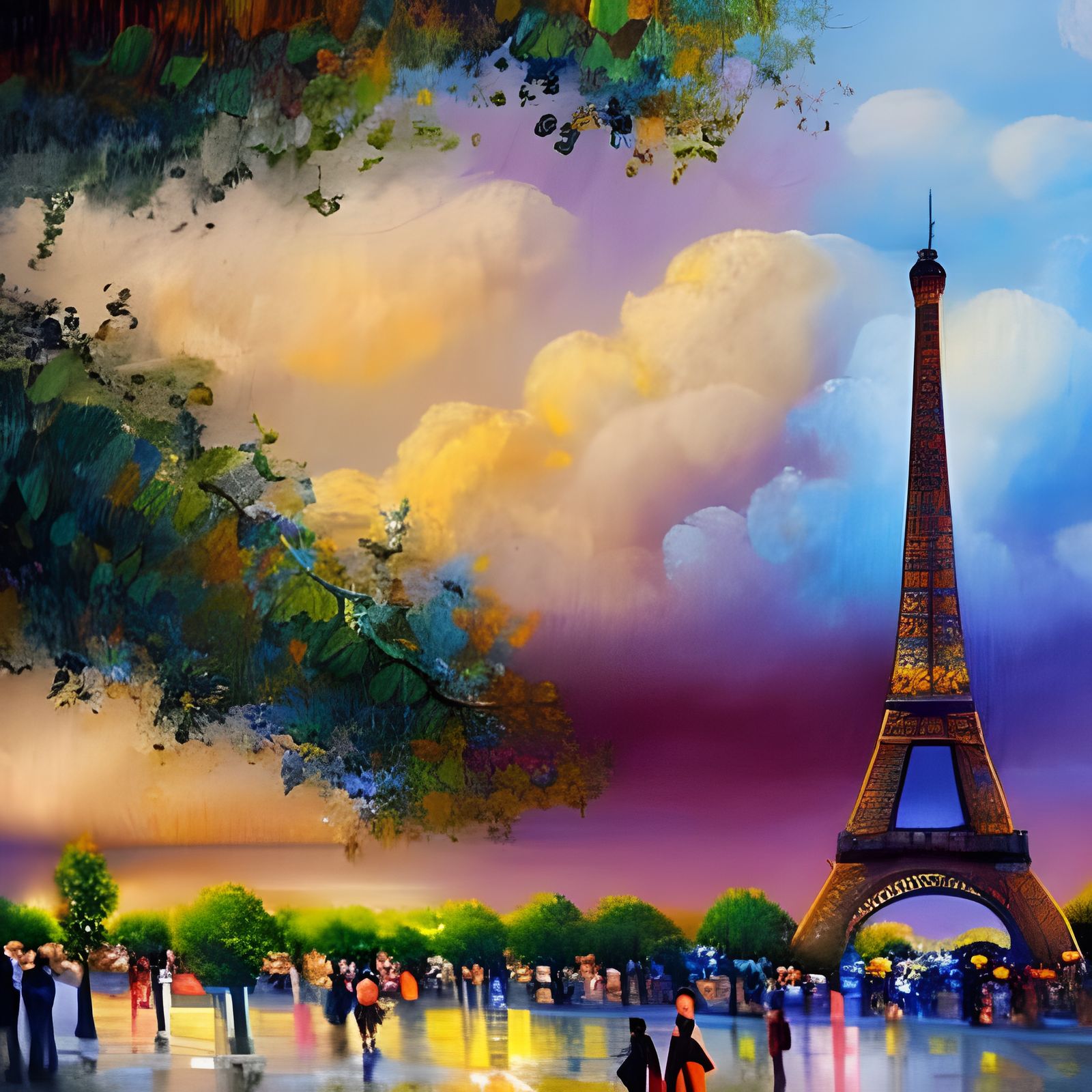 Paris Street Scene with Eiffel Tower: Retro Oil Painting