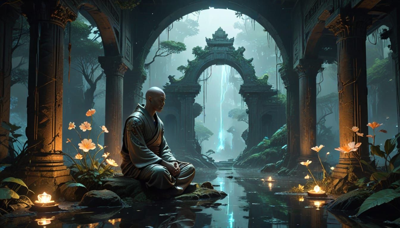 Cyberpunk Monk Meditates in Ruined Temple