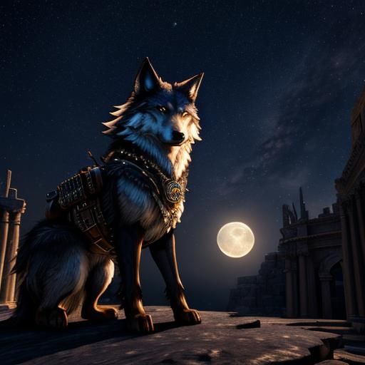 Steampunk Wolf Under Starry Sky and Roman Architecture