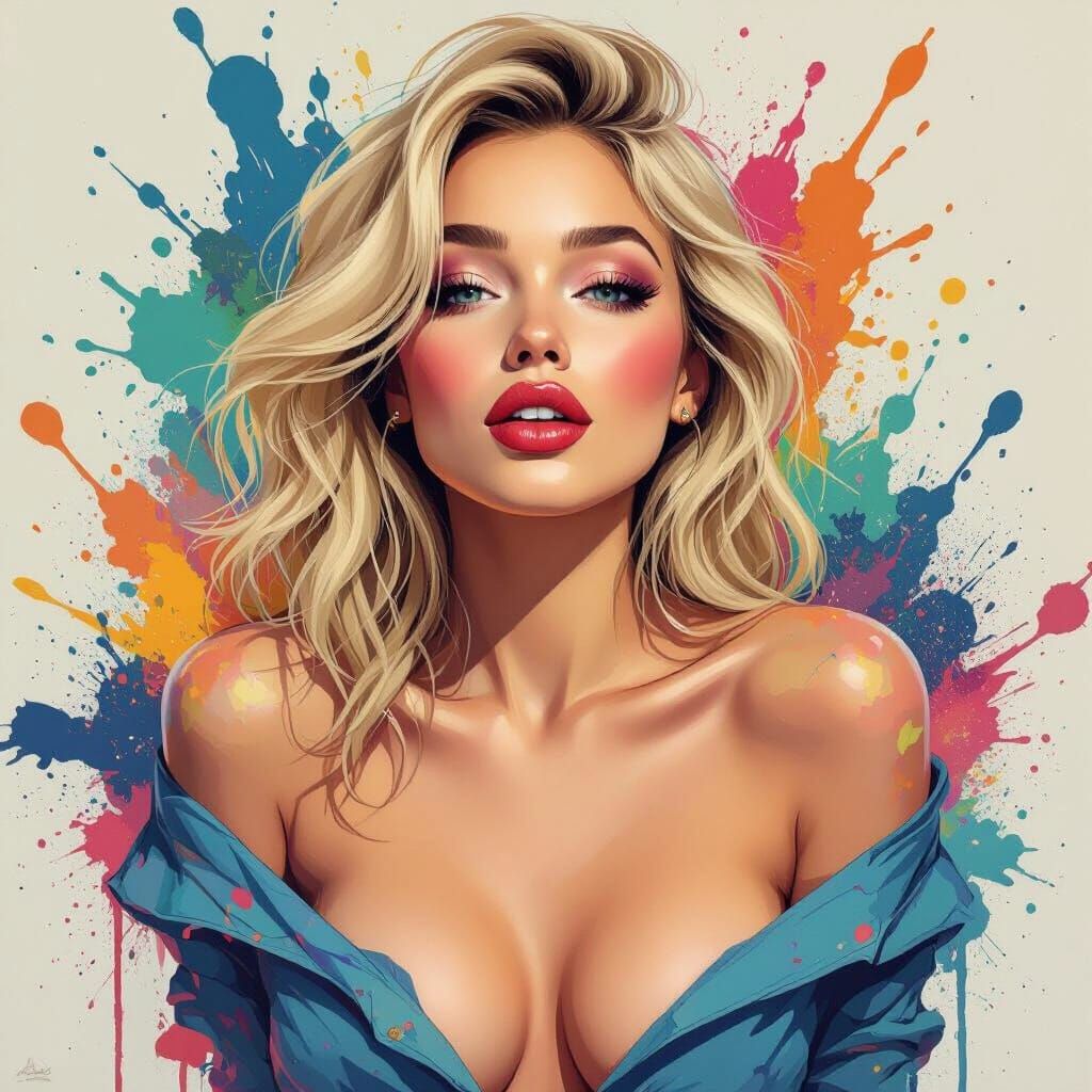 Blonde Woman Dissolving into Vibrant Paint Bursts
