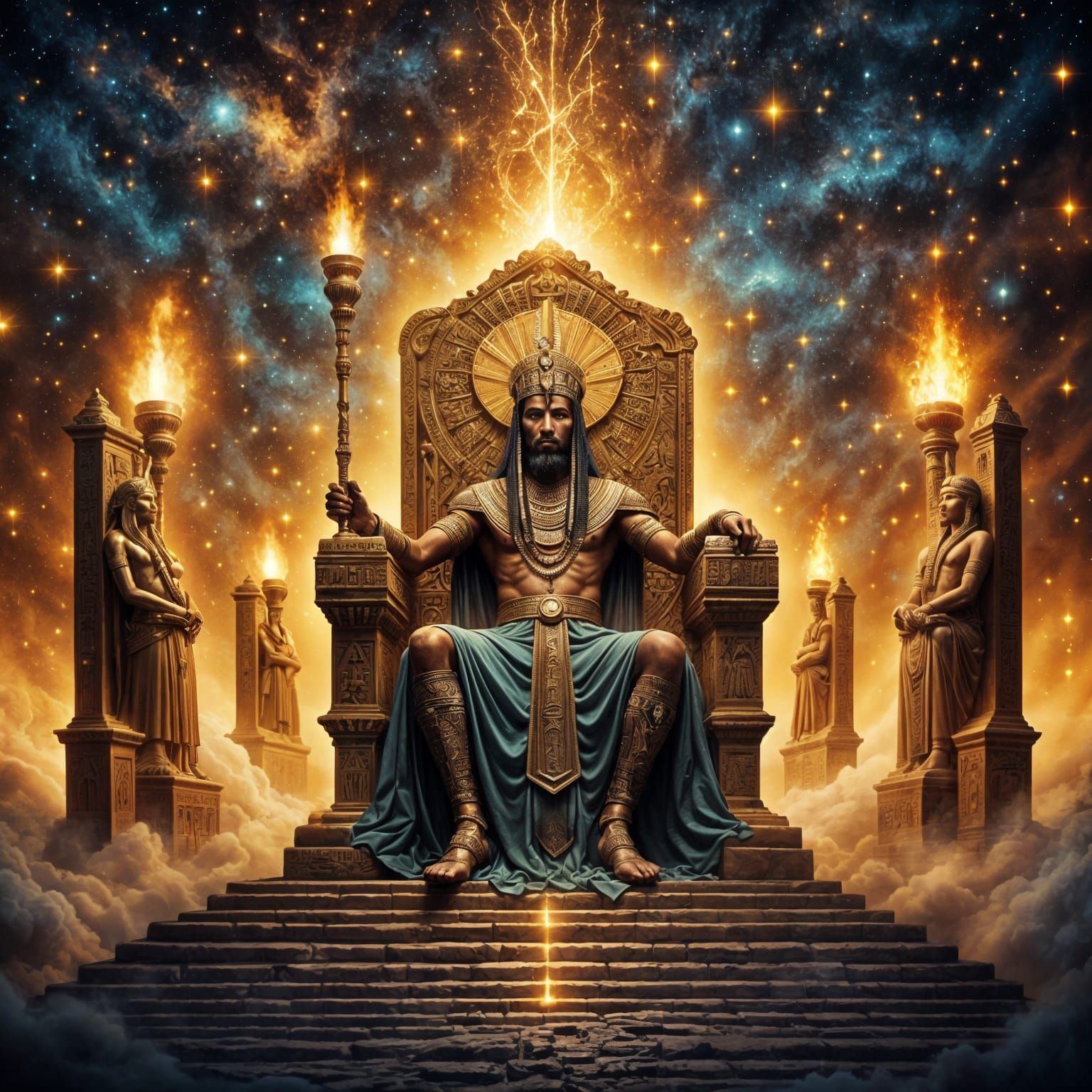 Regal Pharaoh in Star-Studded Desert Scene