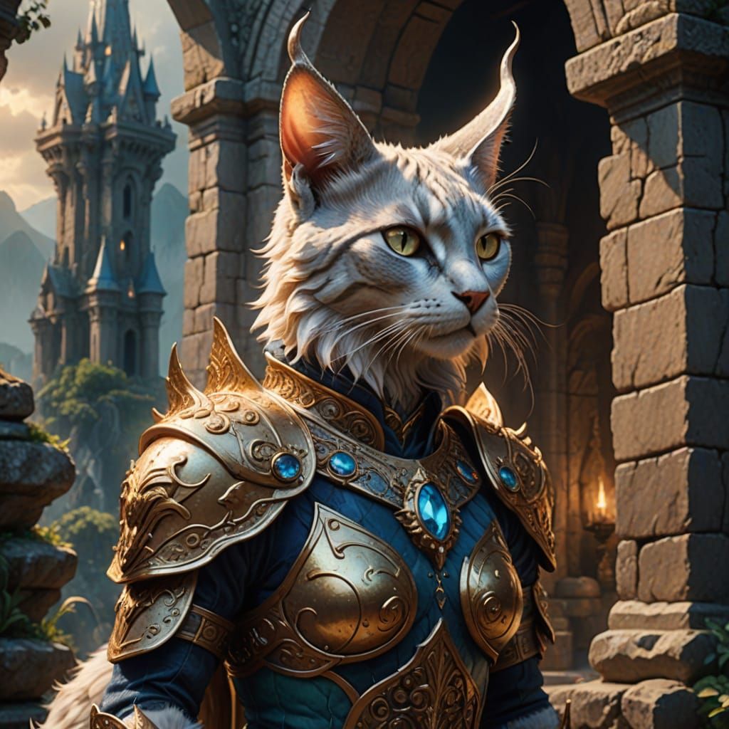 Elegant Capricorn Cat Fairy in Ancient Stone Tower