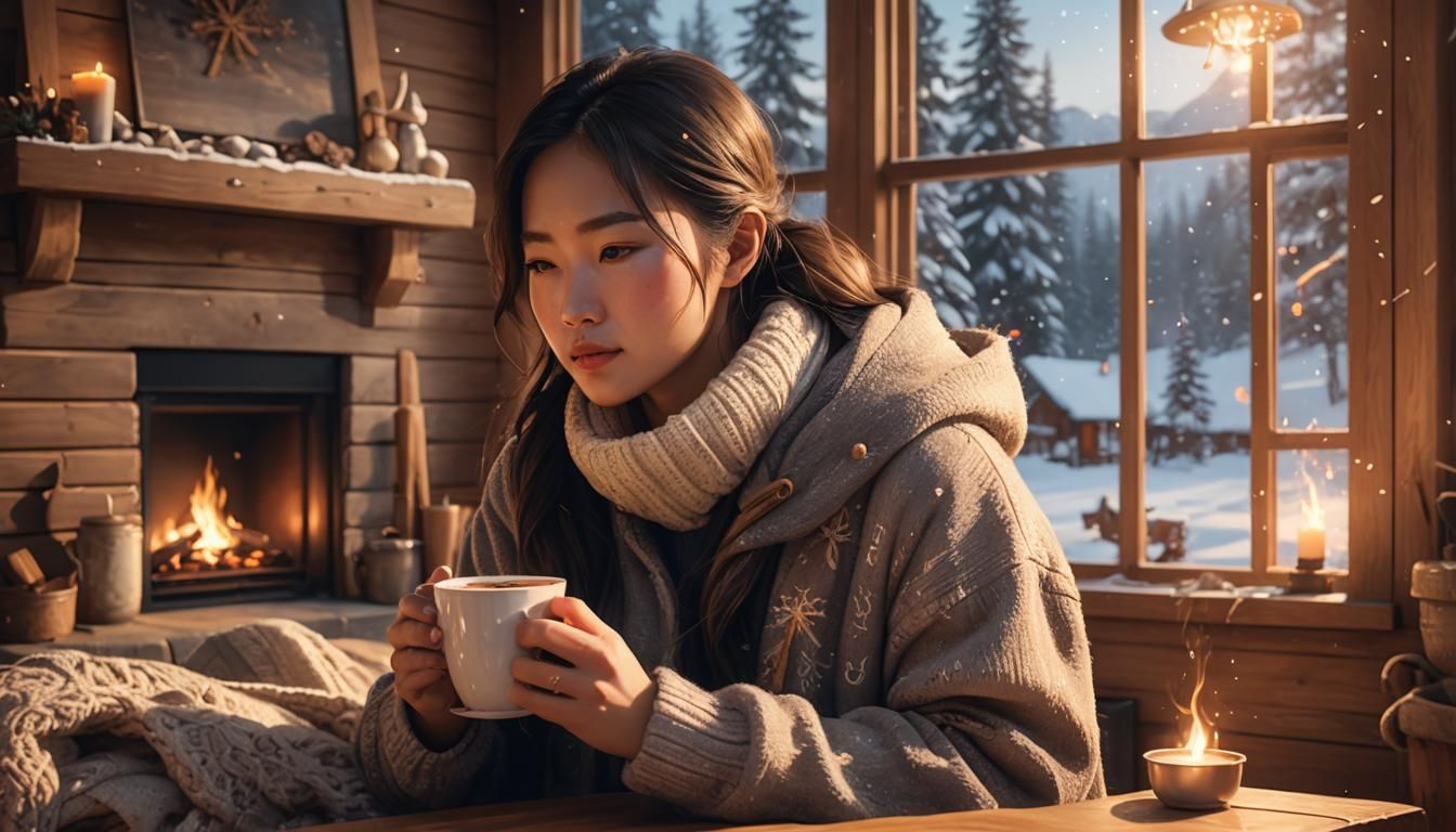 Cozy Cabin Scene: Woman Sipping Hot Chocolate
