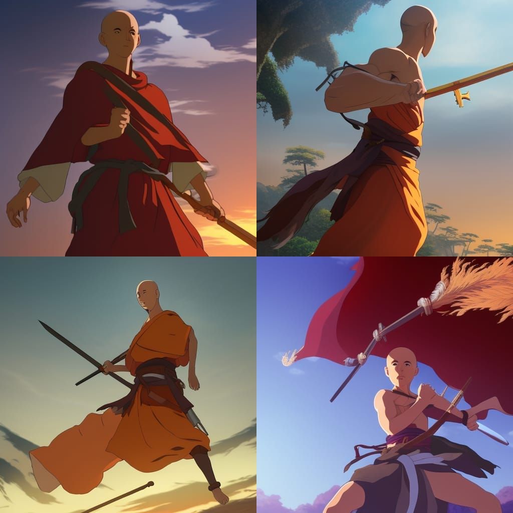 Peaceful Warrior Monk in Anime Key Visual Style