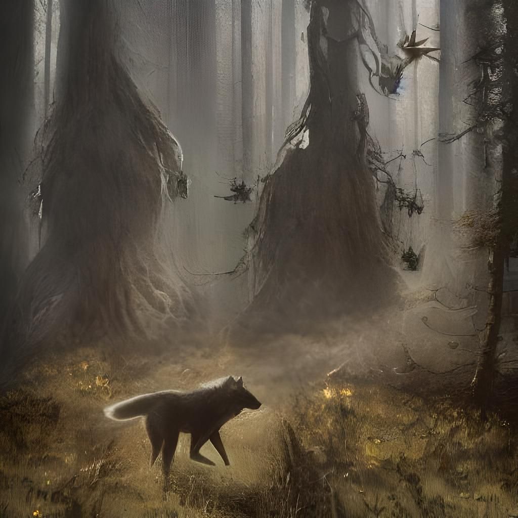 Dark Forest Hut with Witch and Wolf