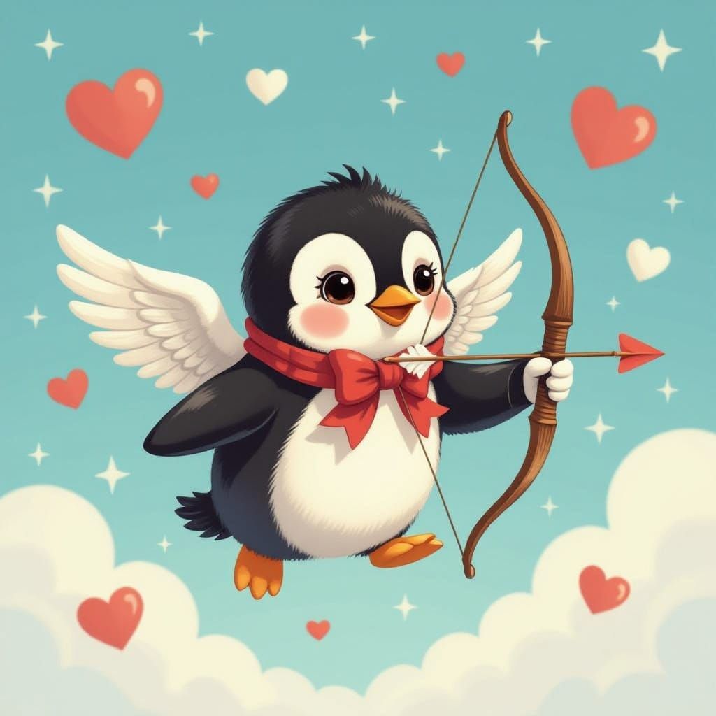 Adorable Penguin Love Angel Soaring Through Heart-Filled Sky