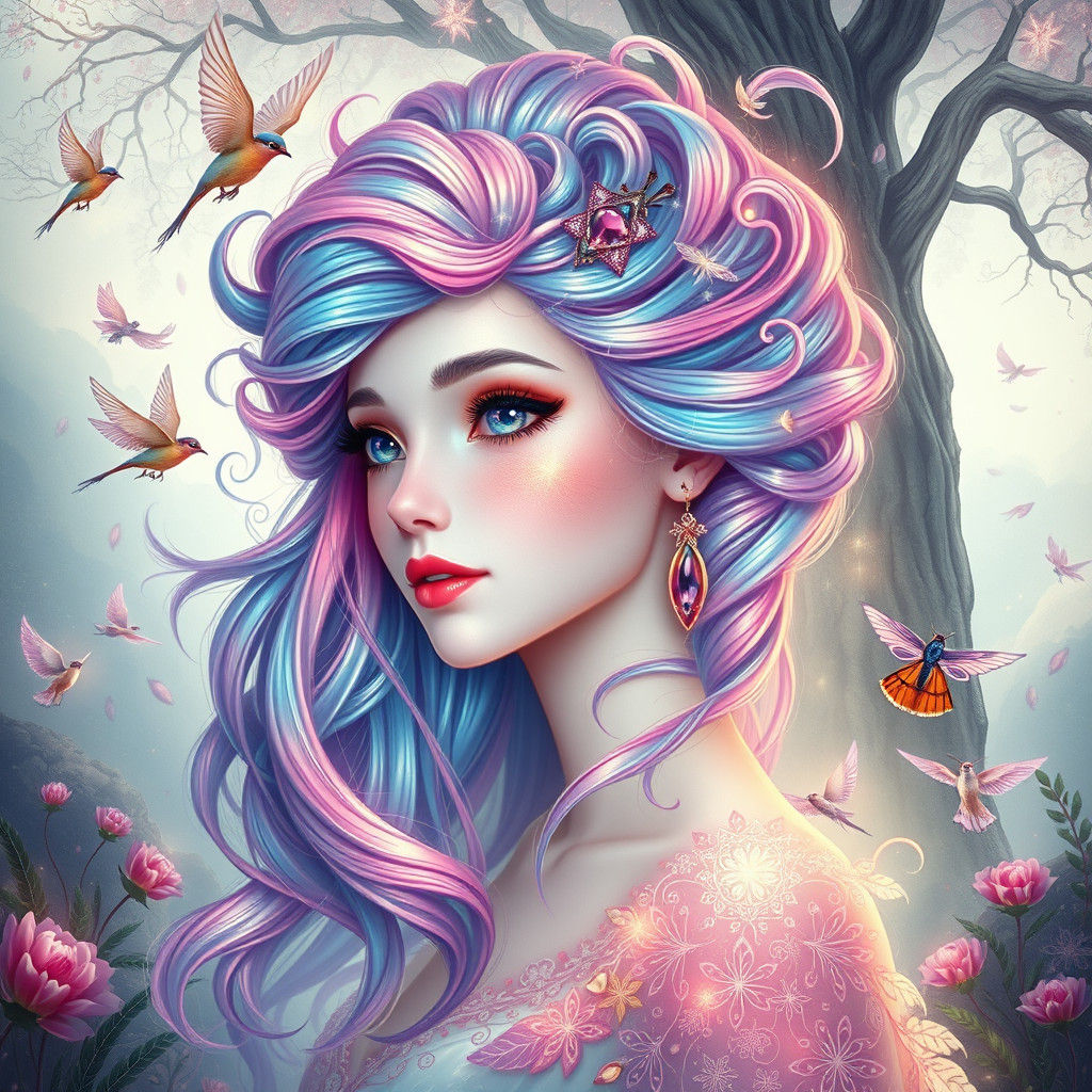 Ethereal Princess with Aurora Hair in Enchanted Forest