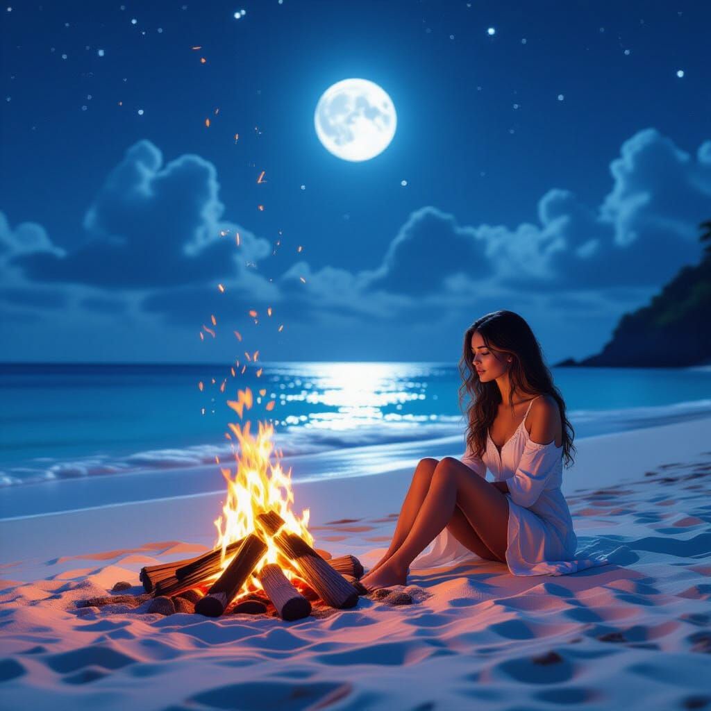 Tropical Beach Campfire Under Moonlight, Hyper-Realistic Sty...