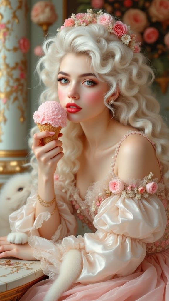 Glamorous Rococo Woman with Cat and Ice Cream