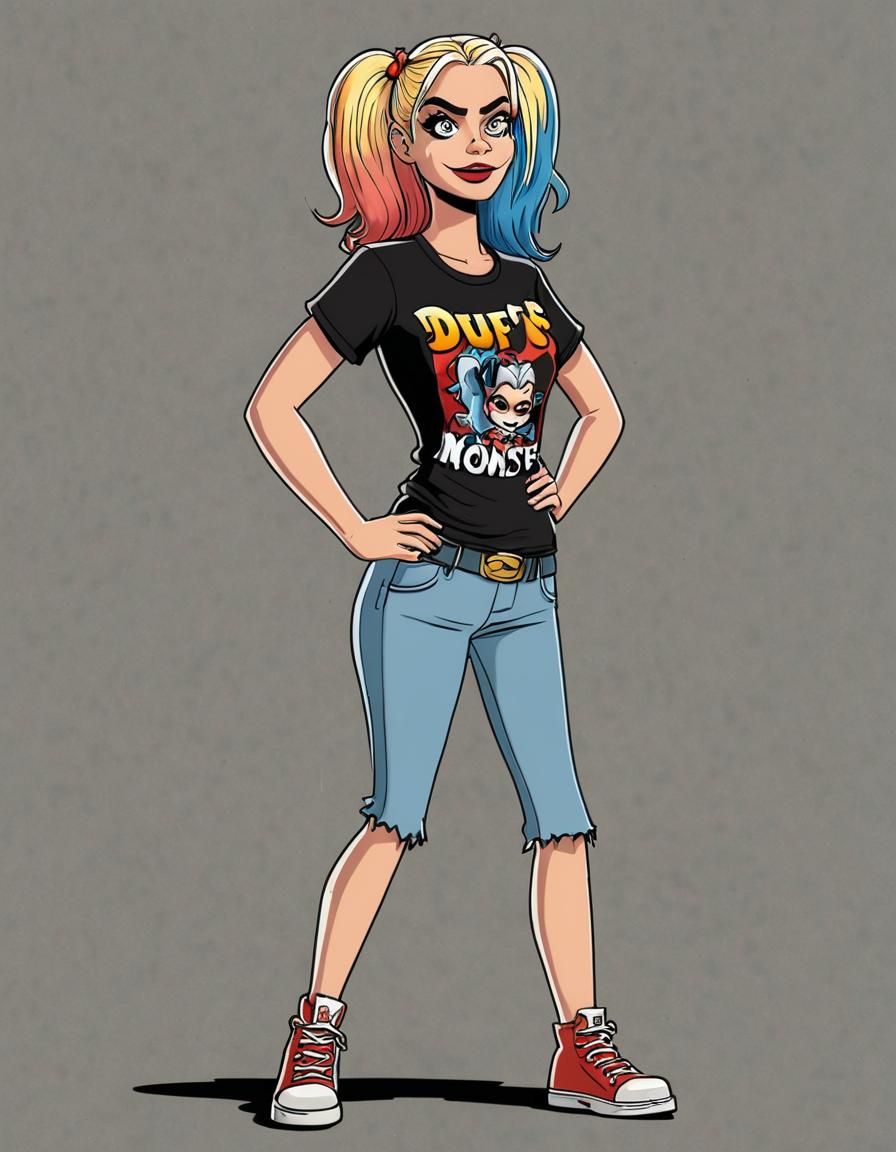 Margot Robbie as Harley Quinn from The Simpsons wearing a t-shirt that says Duff's Little Monster