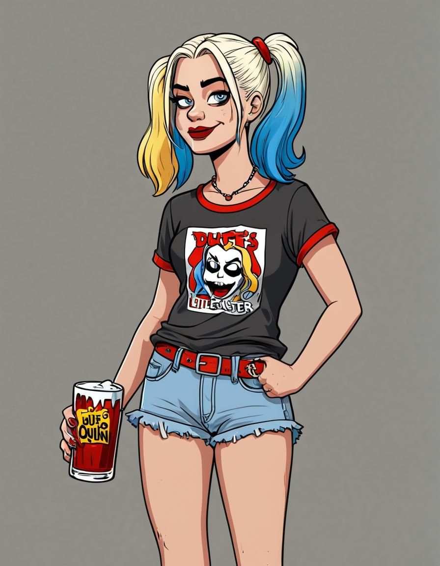Margot Robbie as Harley Quinn from The Simpsons wearing a t-shirt that says Duff's Little Monster