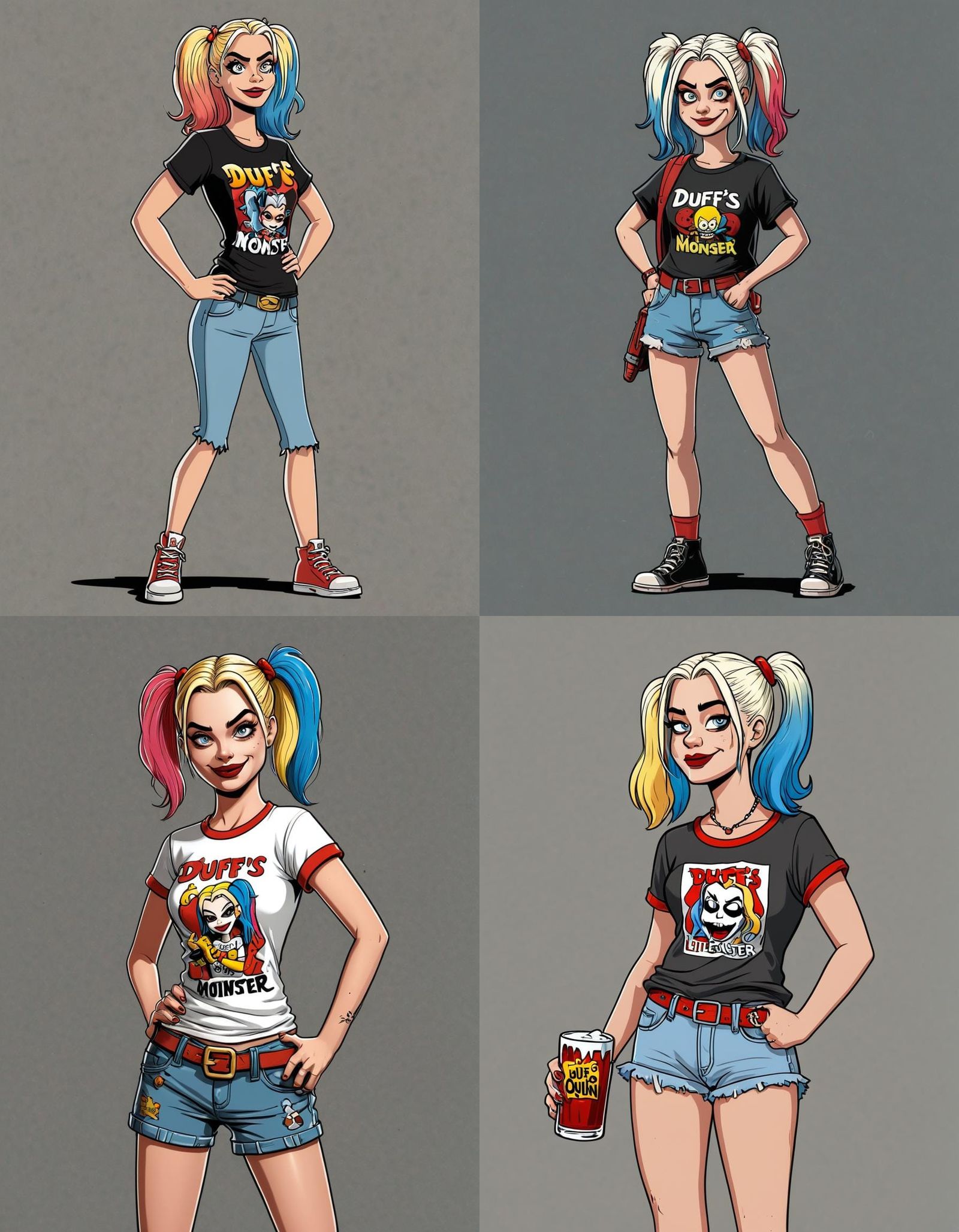 Margot Robbie as Harley Quinn from The Simpsons wearing a t-shirt that says Duff's Little Monster