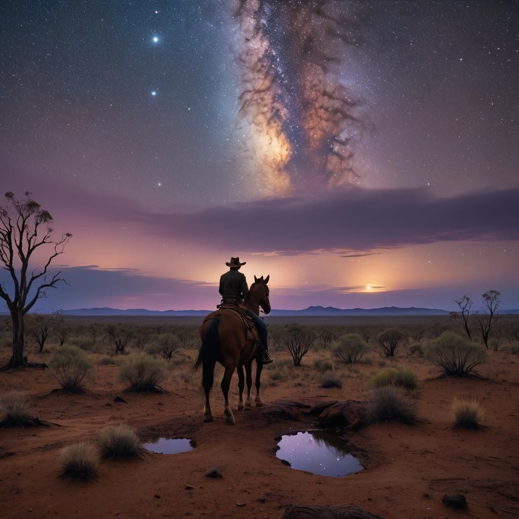 Cowboy Under Starry Sky: Australian Tonalist Landscape