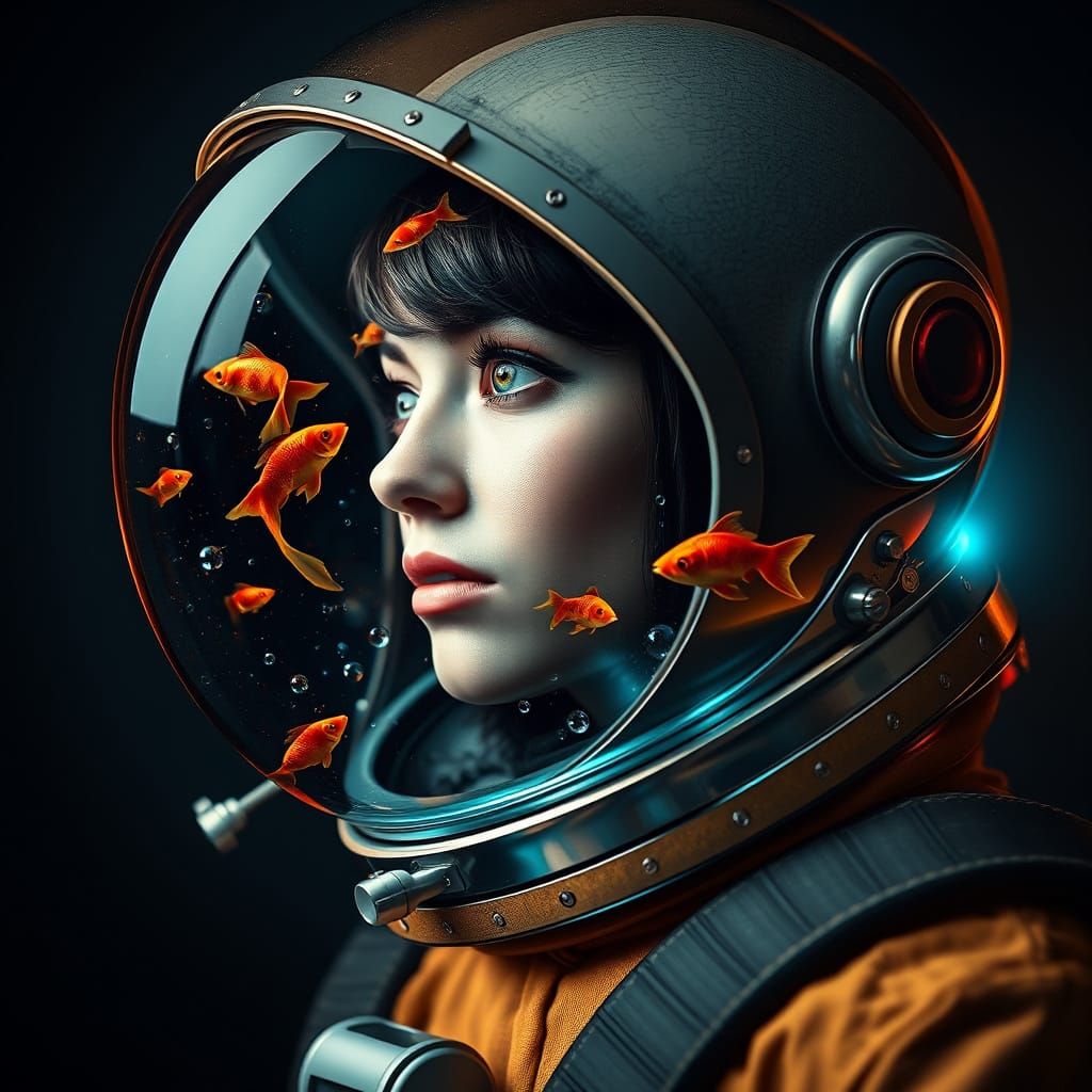 Female Astronaut in Vintage Diving Suit, Surrounded by Swimm...