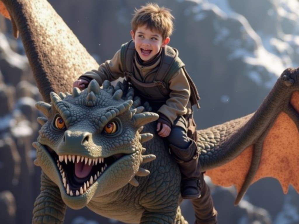 Boy and Dragon Soaring Through Misty Mountains