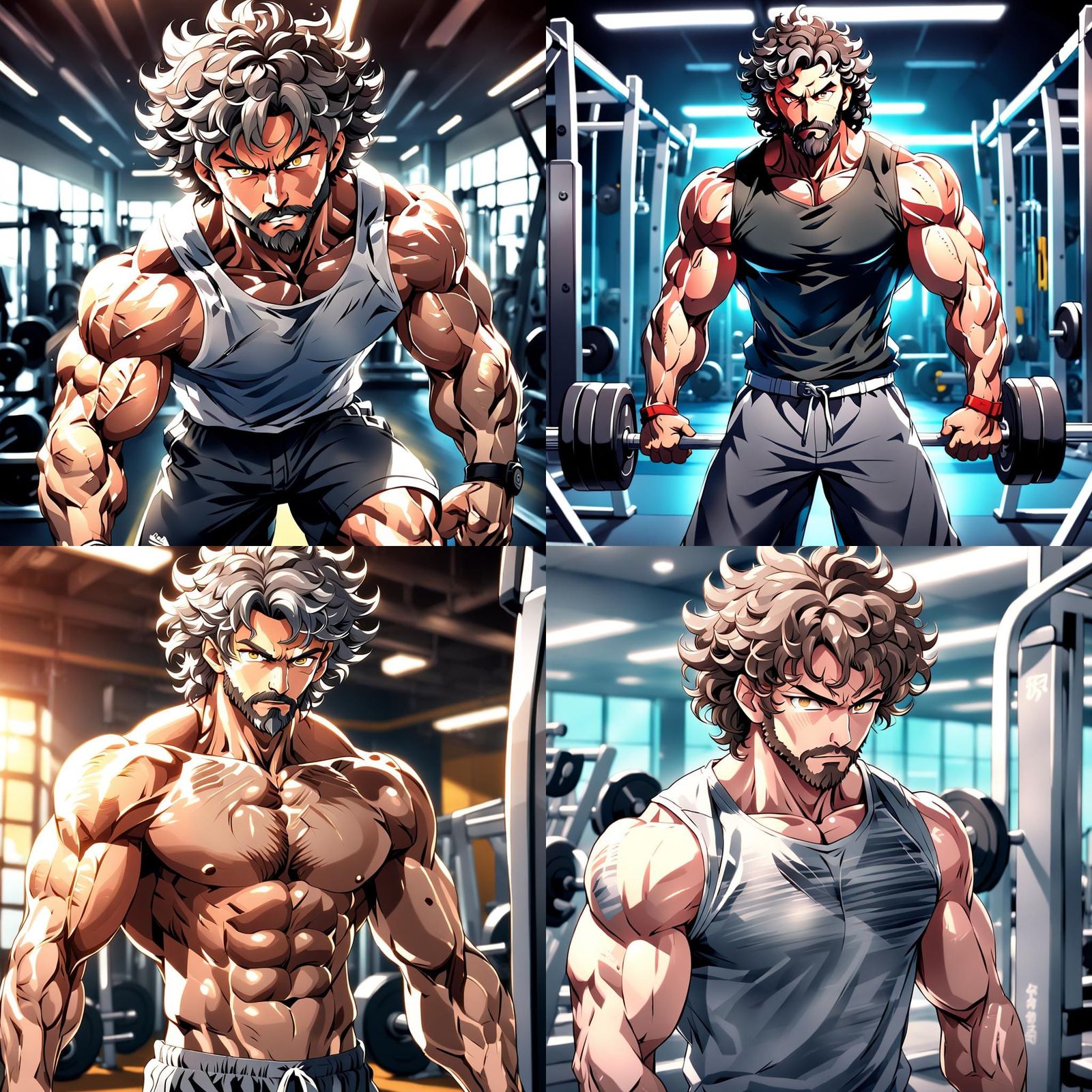 Anime Style: Muscular Man Flexing at the Gym