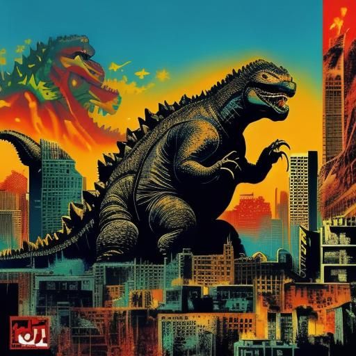 Godzilla Screen Print Graffiti Art in 8k