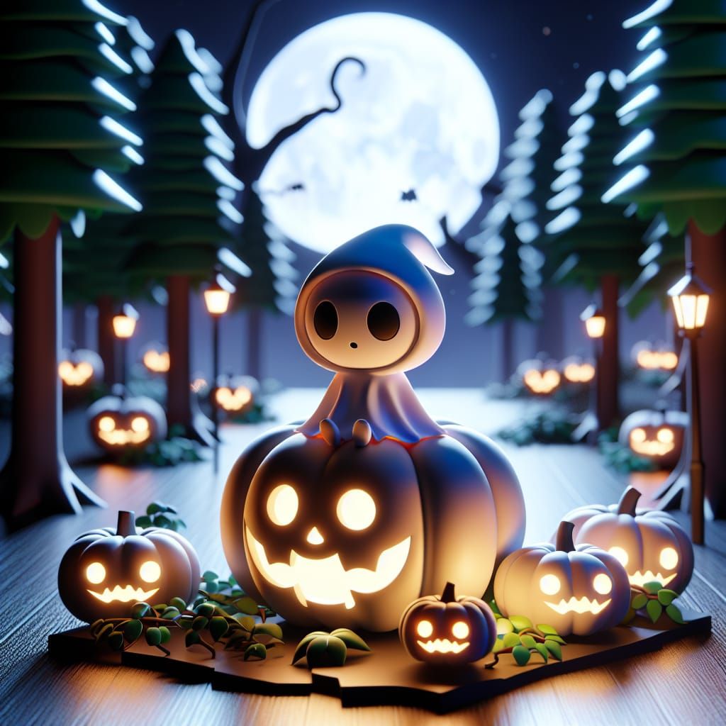 Chibi Ghost on Pumpkin in Enchanted Forest
