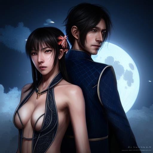 Ethereal Figures with Moon, Lightning and Butterflies