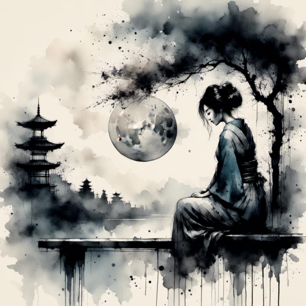 Geisha Silhouette in Chiaroscuro Style