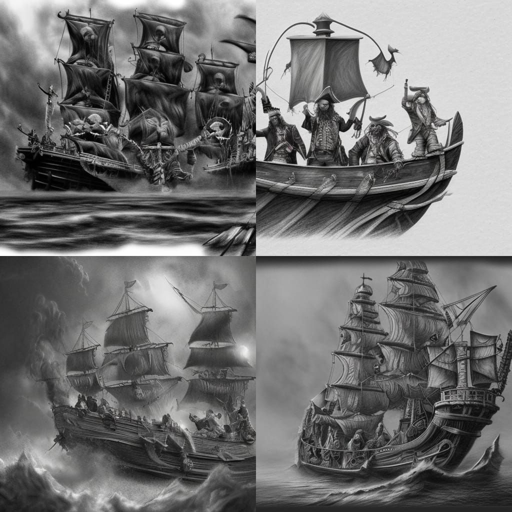 Pirate Crew on Board: Detailed Pencil Sketch