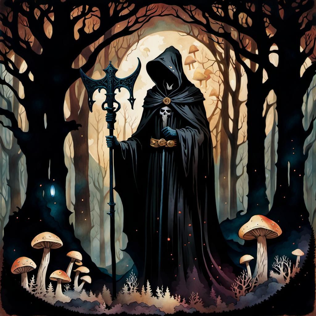 Grim Reaper in Macabre Watercolor Illustration