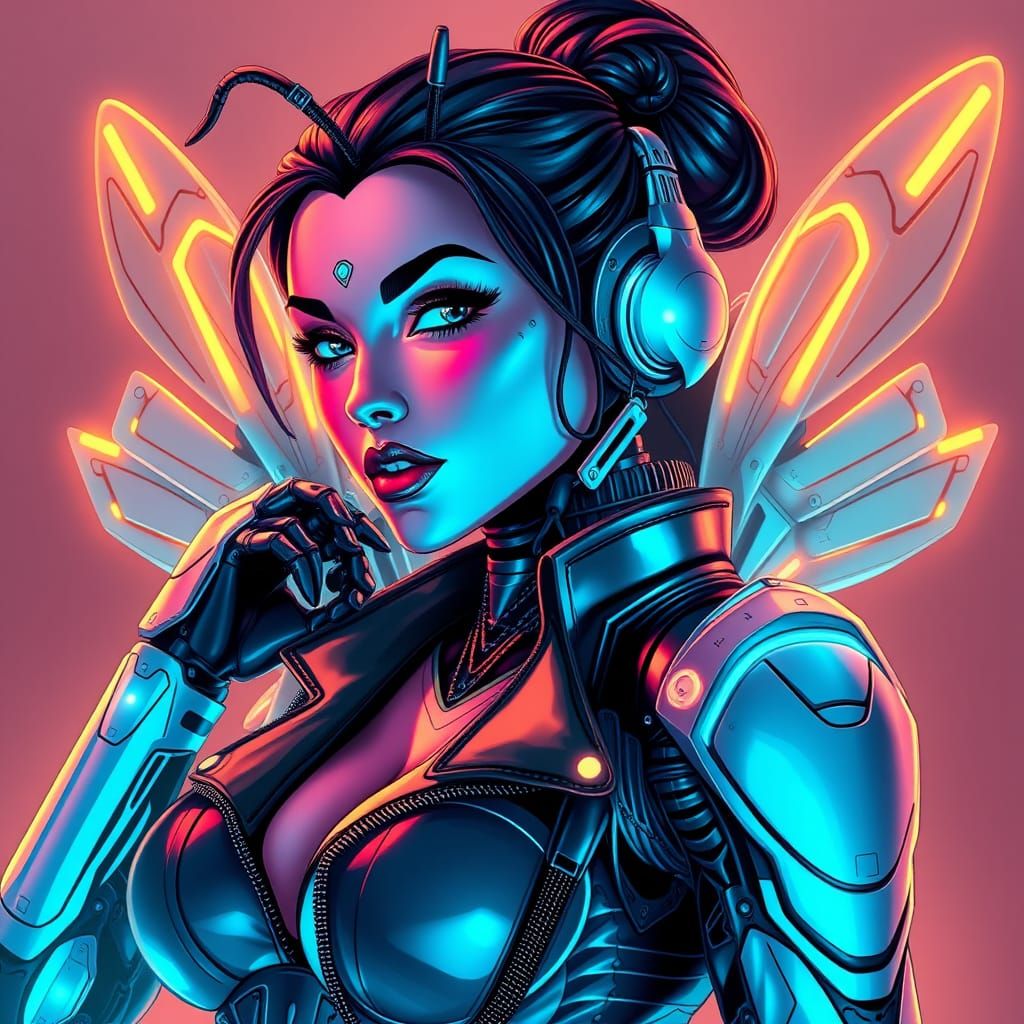 Cyberpunk Robot Goddess in Neon Armor